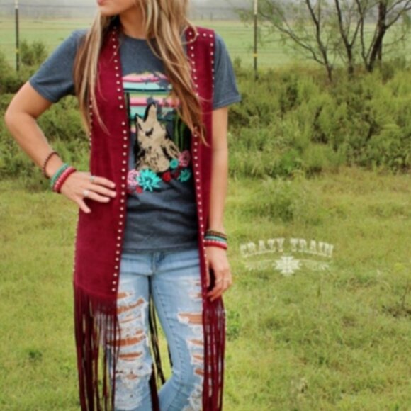 Crazy Train Burgundy Wine Faux Suede Studded Fringe Vest Long Line (Plus Size) - Picture 2 of 13